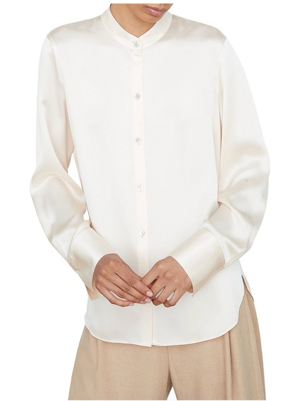 Vince Slim Fitted Silk Band Collar Button Front Blouse Shirt Off White Size 2